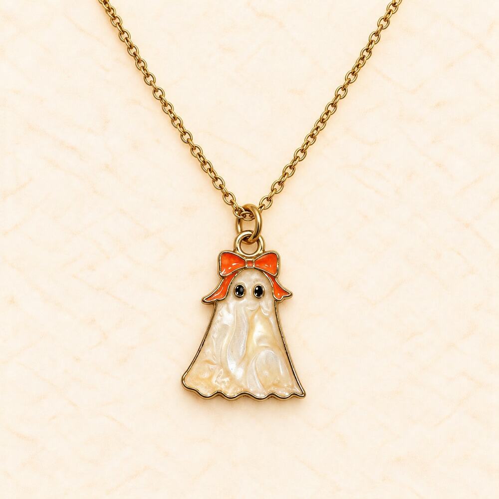 Cute Ghost Pendant Necklace Orange Bow Gold Tone Halloween Jewelry N482